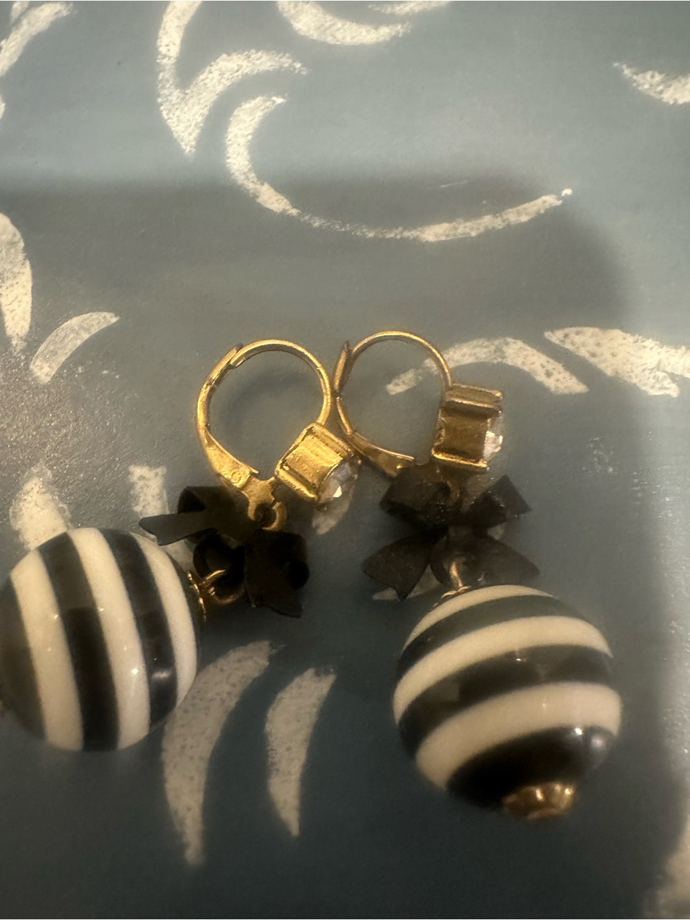 Betsey Johnson Black & White Striped Miami Chic Drop Earrings with Gold Hooks - Picture 2 of 4